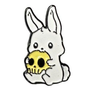 Pin 1” Rabbit Bunny Gnawing on Skull Enamel Brooch